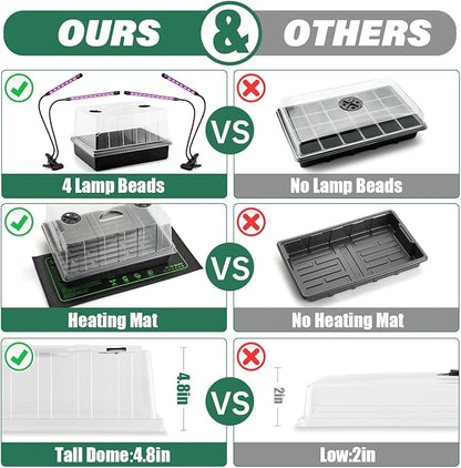 Seed Starter Trays with LED Lights and Heat Mat - 4p Seedling trays with 5" Higher Humidity Domes, 2p Flexible Grow Lights and 2p Constant Temperature Heating Mats, Propagation Tray for Planting Seed