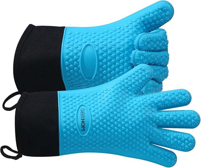 GEEKHOM BBQ Gloves, Grilling Gloves Heat Resistant Oven Gloves, Kitchen Silicone Oven Mitts, Long Waterproof Non-Slip Pot Holder for Barbecue, Cooking, Baking, Aqua Blue