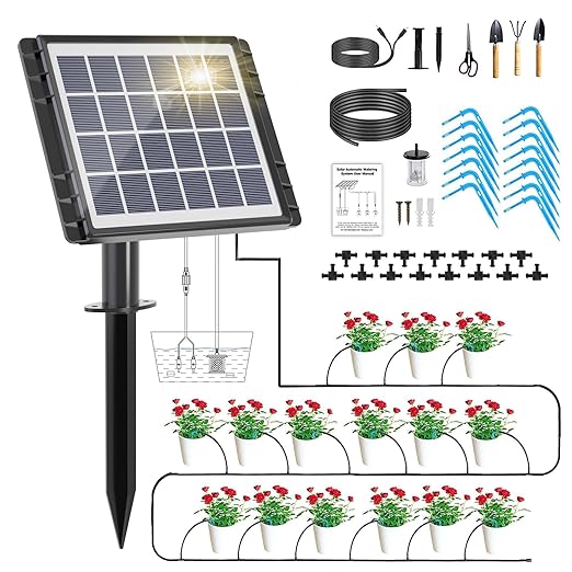 49FT Solar Drip Irrigation System, Auto Watering Kit for 15 Pots, Solar-Powered Plant Watering, 25 Timer Modes, 900ml/min Flow Indoor/Outdoor Garden, Balcony & Patio Irrigation System