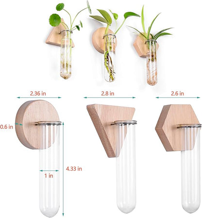 MITIME Wall Hanging Planter Glass Plant Propagation Station,Geometric Wooden Stand for Home Office Decoration.