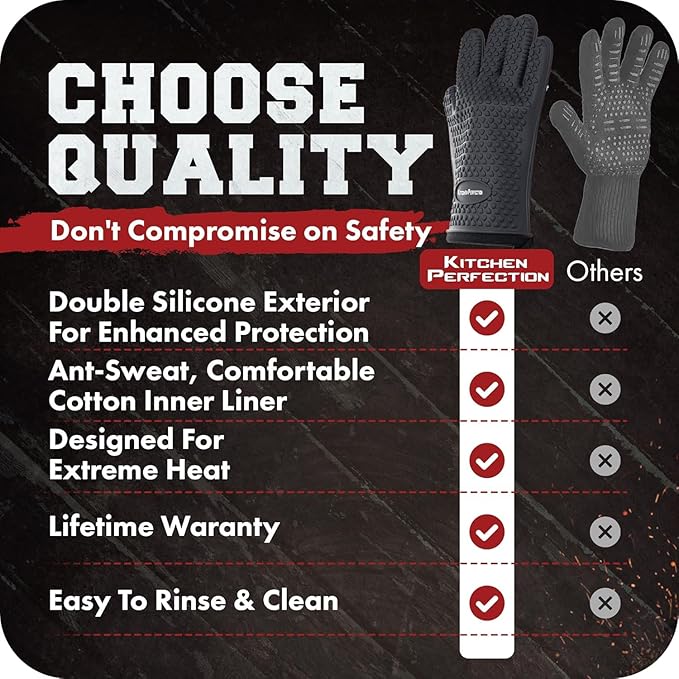 KITCHEN PERFECTION Silicone Smoker Oven Gloves -Extreme Heat Resistant BBQ Gloves -Handle Hot Food Right on Your Smoker Grill Fryer Pit|Waterproof Oven Mitts Grill Gloves |Superior Value Set+3 Bonuses