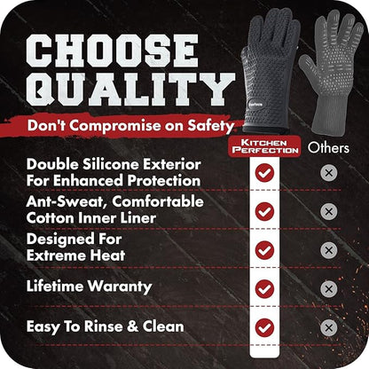 KITCHEN PERFECTION Silicone Smoker Oven Gloves -Extreme Heat Resistant BBQ Gloves -Handle Hot Food Right on Your Smoker Grill Fryer Pit|Waterproof Oven Mitts Grill Gloves |Superior Value Set+3 Bonuses