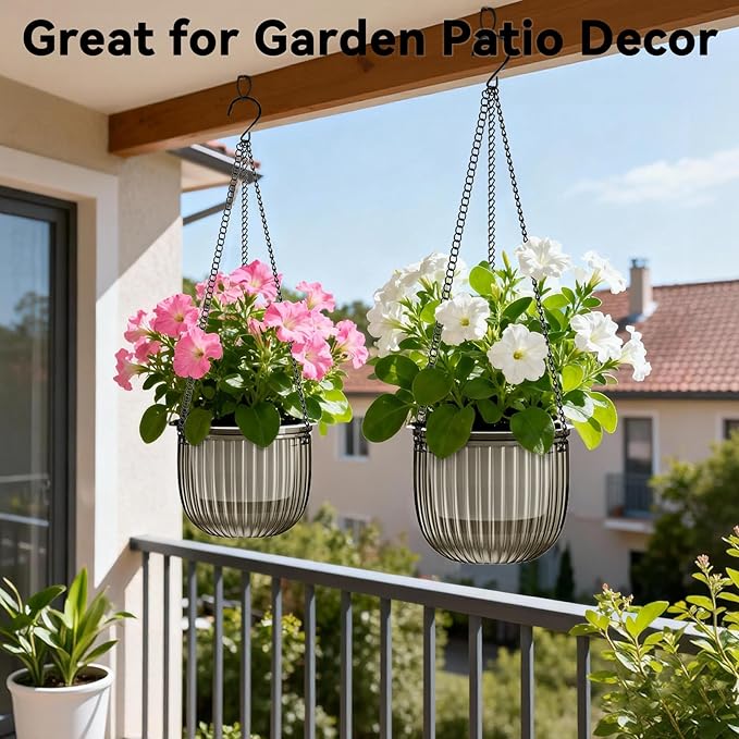 Halatool 2 Pack Self Watering Hanging Planters for Indoor Plants- 6.5 Inch Outdoor Hanging Flower Pots with 2 Metal Chains for Garden Home Wall Decor (Starry Gray)
