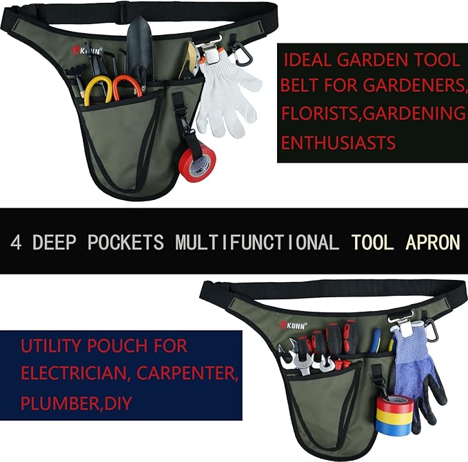 KUNN Garden Tool Belt,Durable Adjustable Tool Belt Waist Pouch with 4 Pocket for Women Men Gardeners Florist Army Green