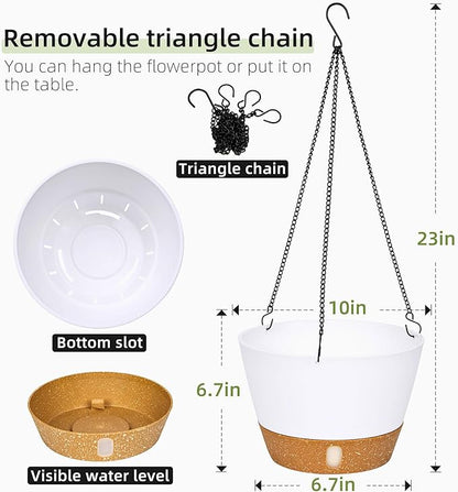 QCQHDU 2 Pack 10 Inch Hanging Planters for Indoor Outdoor Plants, Hanging Baskets Flower Pots with Reservoir Tray & Visible Water-Level