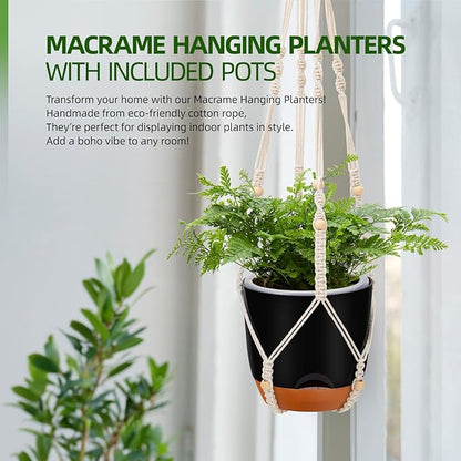 2-Pack 7.2-Inch Self-Watering Hanging Planters for Indoor & Outdoor Plants,34-Inch macrame hanger plant pots indoor with drainage,Small Hanging Planters & Baskets in Black,With two sets of hooks
