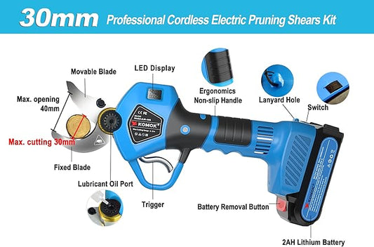 KOMOK Electric Pruning Shears with LED Display, Professional Cordless Electric Pruner, Battery Operated Pruners with 2 Lithium Batteries, 1.2" Cutting Diameter, 6-8 Working Hours for Efficient Pruning