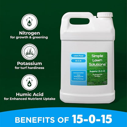 Superior 15-0-15 Liquid Lawn Fertilizer - Lawn Food for Growth & Green - Nitrogen, Potassium, Humic, Fish & Seaweed - Any Grass Type- Simple Lawn Solutions - All Season- Concentrate (2.5 Gallons)