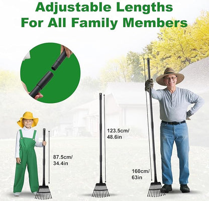 Rake for Leaves Small Metal Garden Tool with 11 Tines 63 Inch Adjustable Handle Sturdy Yard Rake for Gardening Gathering Leaves Weeds Debris, Black