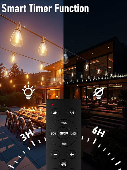luckystyle 15FT LED Outdoor String Lights with Remote, 6+ 1 Shatterproof Bulbs Waterproof and Dimmable Patio Lights for Porch, Garden, Backyard, Deck, Balcony, 2200K Hanging Lighting