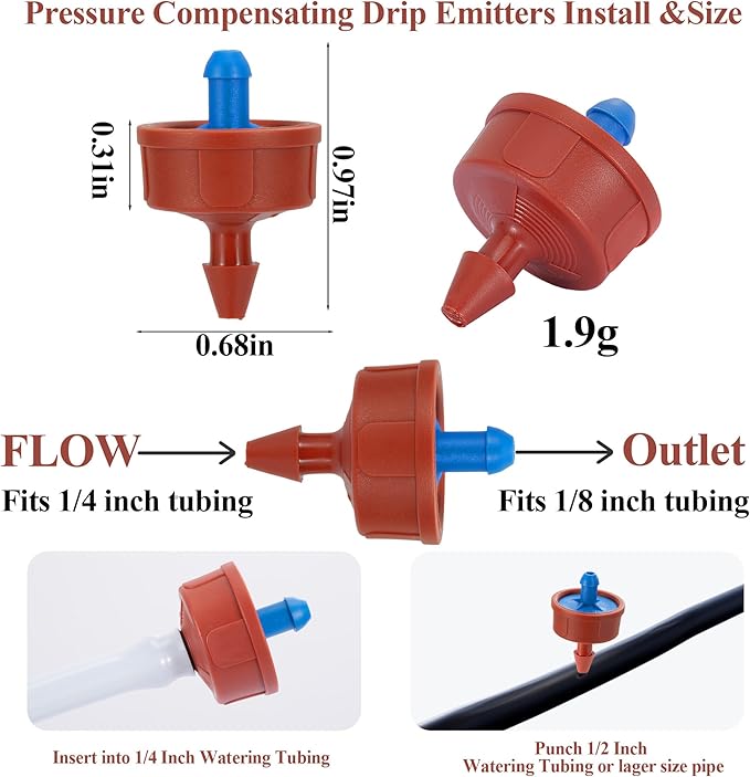 200Pcs 0.5 GPH Pressure Compensating Irrigation Spot Drippers,Constant Flow Barb Outlet Watering Dripper Emitters Heads Parts for 1/4 Inch Watering Tubing Line for Garden Pots Plant Irrigation Systems