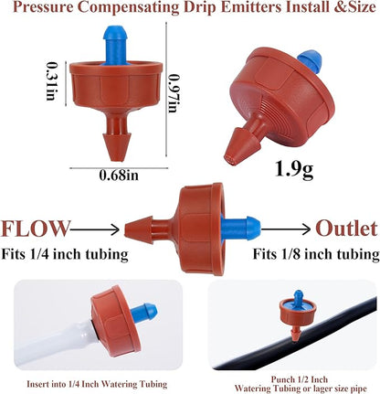 200Pcs 0.5 GPH Pressure Compensating Irrigation Spot Drippers,Constant Flow Barb Outlet Watering Dripper Emitters Heads Parts for 1/4 Inch Watering Tubing Line for Garden Pots Plant Irrigation Systems