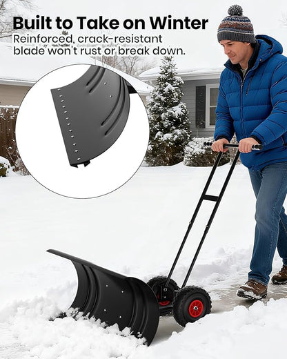 36” Snow Shovel for Driveway,Heavy Duty Wheeled Rolling Shovels 5 Position Angled Blade, Ergonomic Handle & Rubber Wheels for Efficient Snow Removal, Snow Plow for Doorway,Driveway and Sidewalks