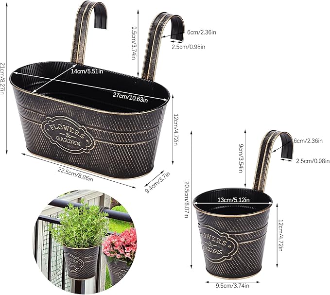 PerGar Vintage Metal Iron Wall Hanging Flower Pots, Rustic Planter Bucket Herb Flower Plant Holder with Detachable Hooks & Drainage Hole for Railing Fence Balcony Deck Garden Home Decoration, Set of 3