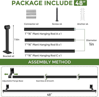 Hanging Planters for Indoor Plants, 48 Inch Heavy Duty Plant Hanger Indoor, 1 Inch Diameter Metal Rod, Hanging Plant Holder for Window Wall, Matte Black, Square Flange Base, Pot Not Included