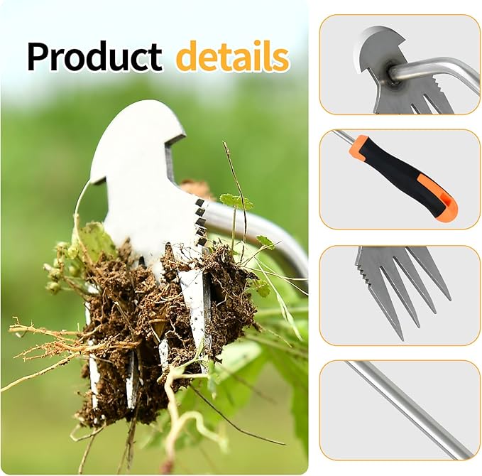Weed Puller Tool，2024 New Garden Weeder Tool Stainless Steel Hand Weeder Tool,4 Teethes Dual Purpose Weed Remover Tool Weeding Tools for Gardening (Rubber Handle)
