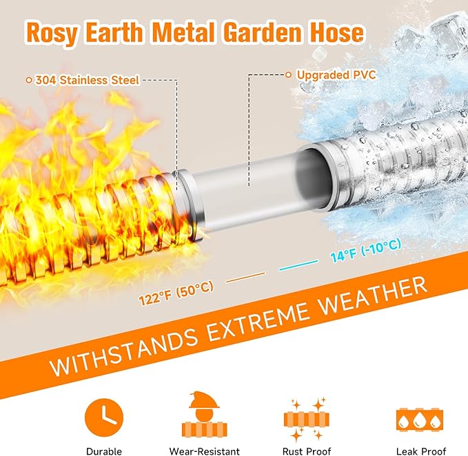 Metal Garden Hose 175 FT - 304 Stainless Steel Water Hose 175 FT - Expandable Short Flexible Garden Hose,no Kink Explosion, no Bite