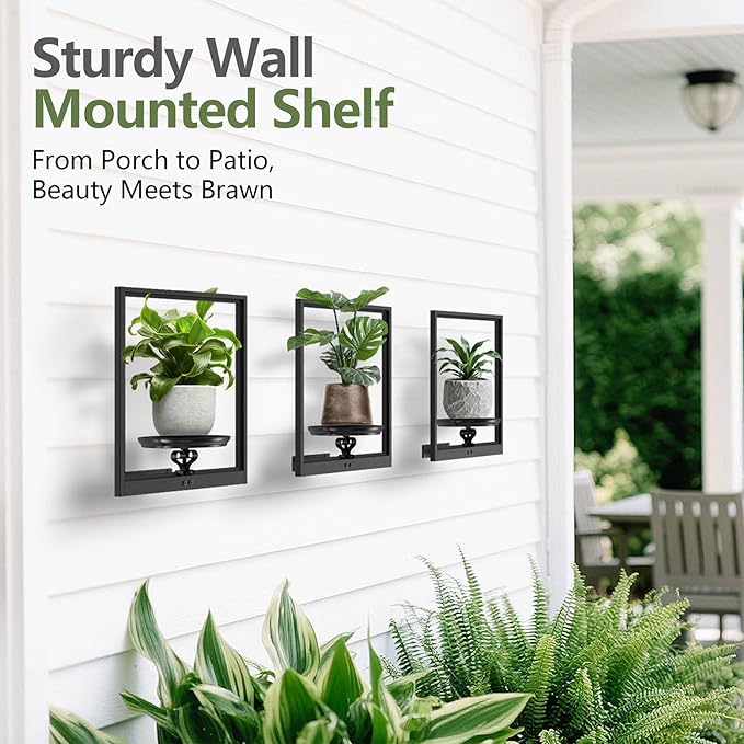 VEILS Wall Planters for Indoor Plants, 3D Floating Wall Mounted Shelf for Home Decor, Black Frame Plant Holder Stand, Modern Housewarming Gift Set for Living Room, Bedroom, Bathroom, Office, 3PCS