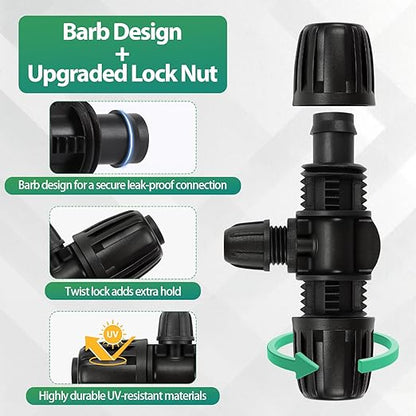 RedChili 12 Pcs 1/2" to 1/4" Drip Irrigation Fittings, Dripline 1/2 Inch (1/2" ID x0.6-0.65" OD) to 1/4 Inch Reducing Tee Adapter Drip Tubing Barbed Lock Nuts 1/2" to 1/4" Irrigation 3 Way Connectors