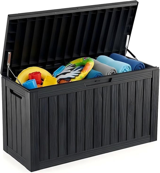 80 Gallon Resin Deck Box, Outdoor Storage Container for Patio Furniture Cushions, Garden Tools, Pool Accessories & Yard Equipment - All-Weather, Lockable, Wood Grain Design