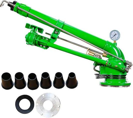 Farm Irrigation Sprinklers, 2" Impact Sprinkler with Pressure Gauge, 360° Large-Area Watering Spray, Flange Connection, for Farmland, Farm Irrigation, Industrial Dust Removal