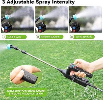 Battery Powered Sprayer Wand, 32 Inch Garden Sprayer Telescopic Wand with 3 Adjustable Speeds, Battery Indicator, 26.2 FT Hose, 7.4V Rechargeable Water Sprayer Wand with 4 Adjustable Nozzles & Filter