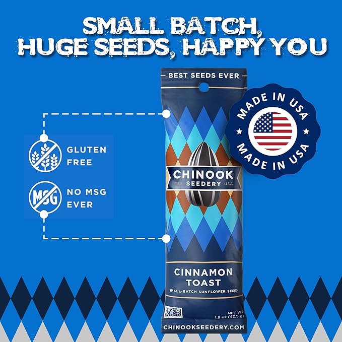 Chinook Seedery Low Sodium Sunflower Seeds – Cinnamon Toast Flavor, Pack of 36, 1.5oz – Sunflower Seeds to Eat – Keto, Jumbo, Roasted, Baseball Snacks