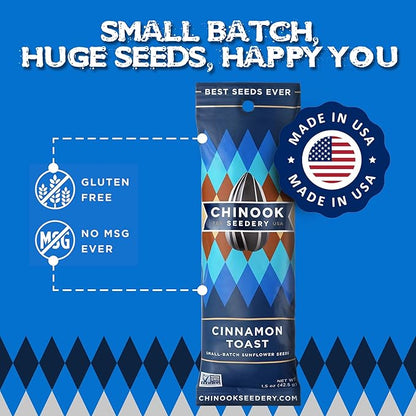 Chinook Seedery Low Sodium Sunflower Seeds – Cinnamon Toast Flavor, Pack of 36, 1.5oz – Sunflower Seeds to Eat – Keto, Jumbo, Roasted, Baseball Snacks