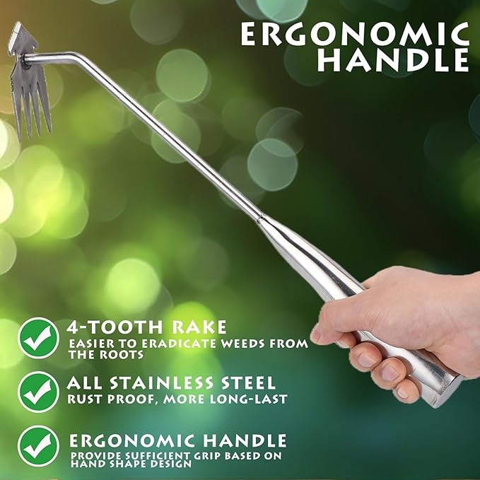 Weed Puller Tool, Stainless Steel Gardening Hand Weeder Tools, Weeding Artifact Uprooting Weeding Tool, Weed Removal Tool, 4-Tooth Dual Purpose Manual Weed Pulling Tool for Yard Garden