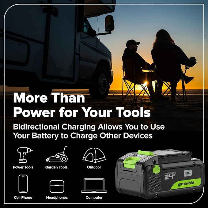 GREENWORKS 24V (4-TOOL) Combo (1/2” Drill + 1/4” Impact Driver + 6.5” Circular Saw + 200Lm Flashlight), 4.0Ah + 2.0Ah Batteries (24,000mAh Power Bank), (2) Braided Cables, 65W Rapid Charger