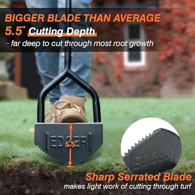 Colwelt Manual Edger Lawn Tool 40-inch, Half Moon Edger Chopper Lawn Tool with V-Shape Serrated Blade, Solid Steel Lawn Edger Tool with Soft T-Grip, Garden Edger for Sidewalk, Grass, Yard, Landscape