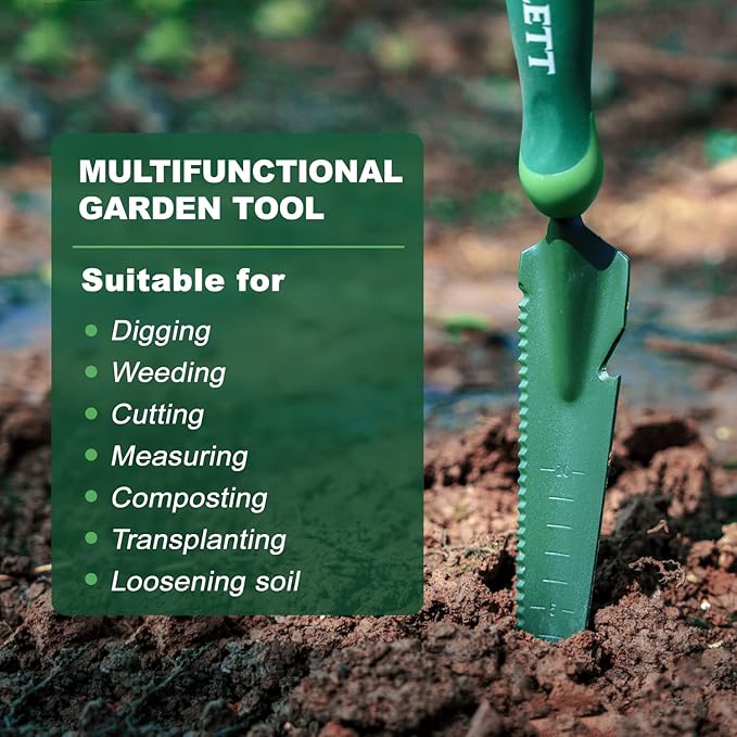 Hand Weed Puller Tool, 5-in-1 Multipurpose Garden Trowel with Soft Handle, Weeding Tool with Serrated Edges Measuring Scale for Easy Weeder Removal, Planting, Transplanting, Digging, Cutting