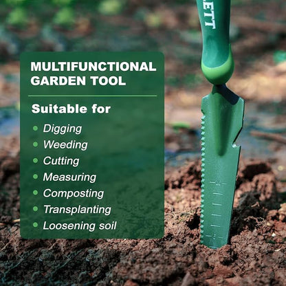 Hand Weed Puller Tool, 5-in-1 Multipurpose Garden Trowel with Soft Handle, Weeding Tool with Serrated Edges Measuring Scale for Easy Weeder Removal, Planting, Transplanting, Digging, Cutting