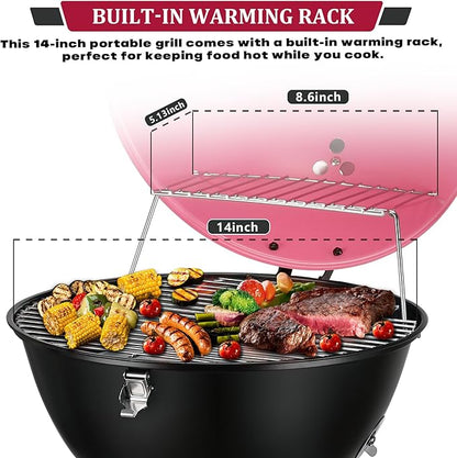 14inch Portable Charcoal Grill with Warming Rack, Small bbq Charcoal Grill Tabletop Foldable Grills for Backyard, Camping, Pink