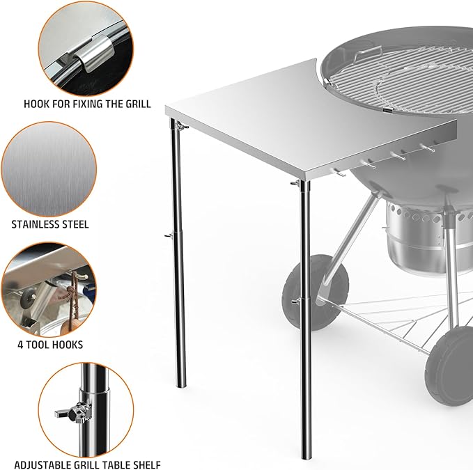 Stanbroil Stainless Steel Work Table Fits All Weber 18", 22" Charcoal Kettle Grills and Other Similar Size Charcoal Kettle Grills -Patent Pending