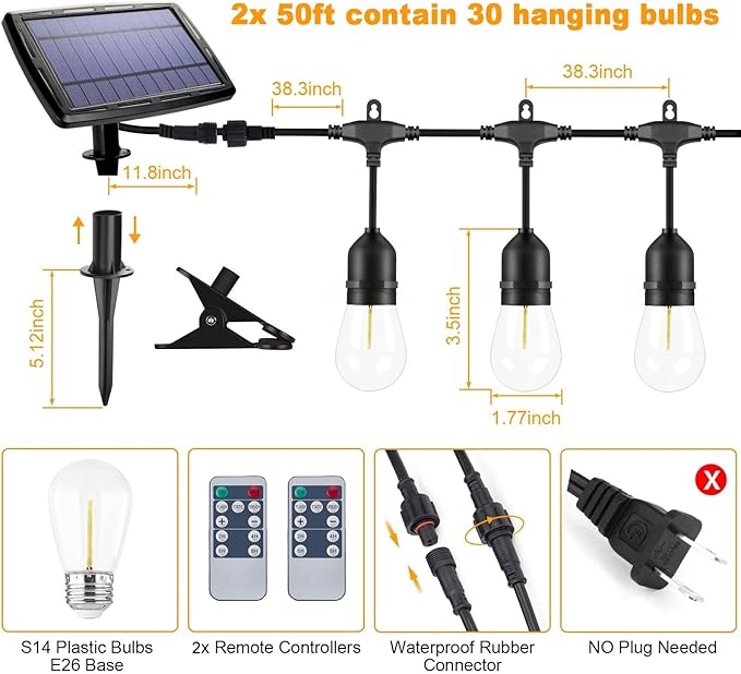 Solar String Lights Remote Control, 100FT Dimmable Outdoor String Lights, 32 Shatterproof Solar Patio Lights, Ambience On Your Garden Backyard
