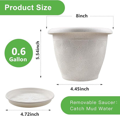 8 Inch Flower Pots Planters for Indoor Outdoor Plants, 4 Pack Plastic Small Plant Pots with Drainage Hole & Tray, Modern Decorative Garden Pot with Saucer, Plant Container for House