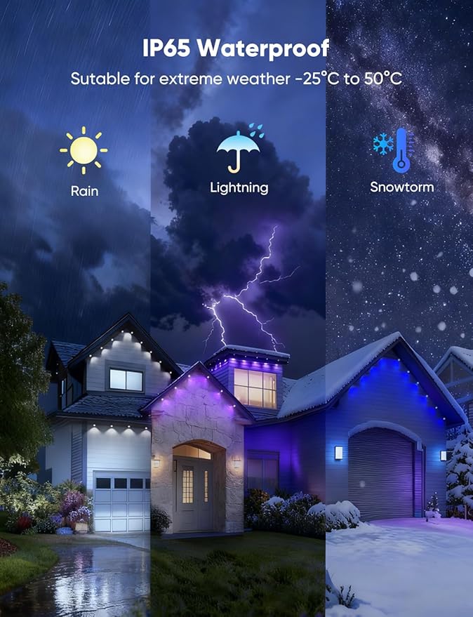 APPECK Permanent Outdoor Lights 300ft with 216 LED Lights, 108W Smart RGBW Eaves Lights, DC 36V, 40LM, IP67 Waterproof String Lights for Halloween Christmas Decor, Compatible with Alexa, Black