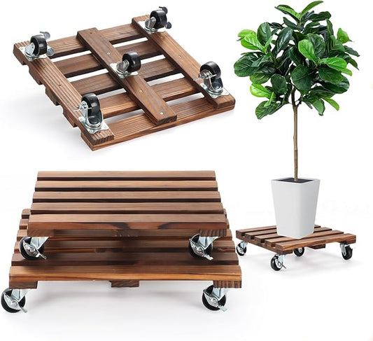 2 Pack Plant Caddy with Wheels, 14" + 12" Rolling Plant Stand 264 LBS Heavy Duty Wooden Square Plant Dolly with Metal 360° Lockable Caster Wheels for Outdoor Indoor Large Plant Pots, Flower Pot, Patio