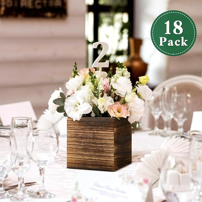 Dandat 18 Set Wood Cube Planter Box Square Wood Vase Rustic Cube Planter Box with Removable Plastic Liner Floral Foam Blocks for Centerpieces Home Wedding Garden Decor, Country Style (Brown)