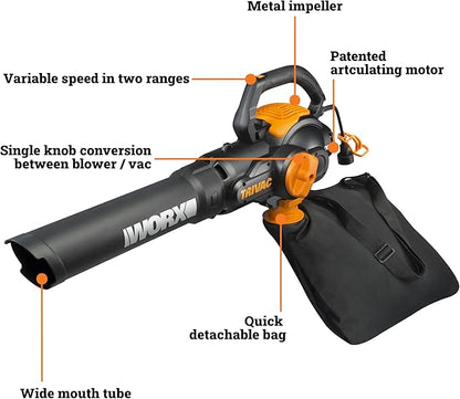 WORX WG512 12 Amp Trivac, 3 in 1 Electric Leaf Blower, Leaf Vacuum & Leaf Mulcher for Lawn Care