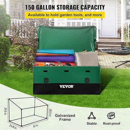 VEVOR Outdoor Storage Box, 150 Gallon Waterproof PE Tarpaulin Deck Box w/Galvanized Frame, All-Weather Protection & Portable, for Camping, Garden, Poolside, and Yard, Black & Green