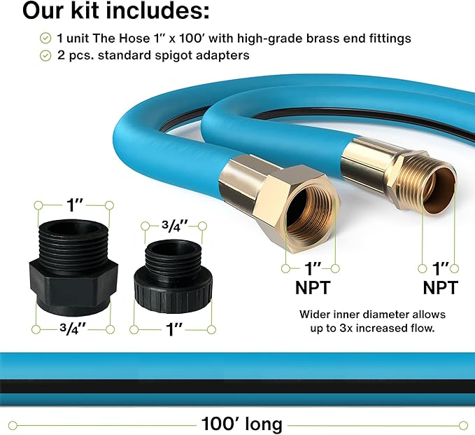 Aeromixer THE HOSE - 1 Inch Garden Hose 100 Ft, Includes Adapters 3/4 Spigots, Kinkless Commercial Garden Hoses, Heavy Duty Water Hoses for Outdoors, 650 PSI High-Pressure Watering Tool