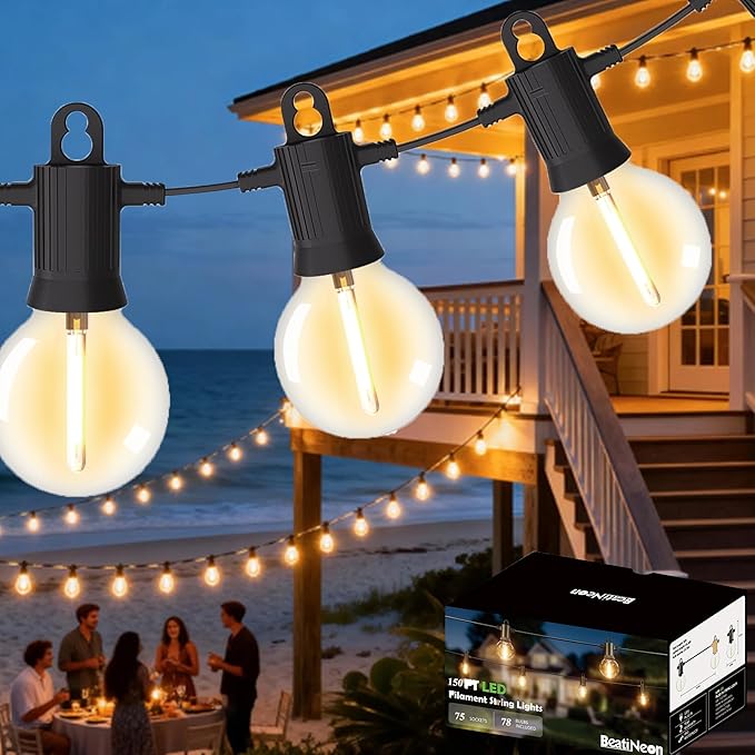 Outdoor String Lights ,150 FT Led Patio Globe Lights with Plastic Bulbs,Waterproof,Shatterproof,G40 Outdoor String Lights,Connectable Hanging for Backyard, Bistro, Porch, Deck, Balcony,Tent (150ft)