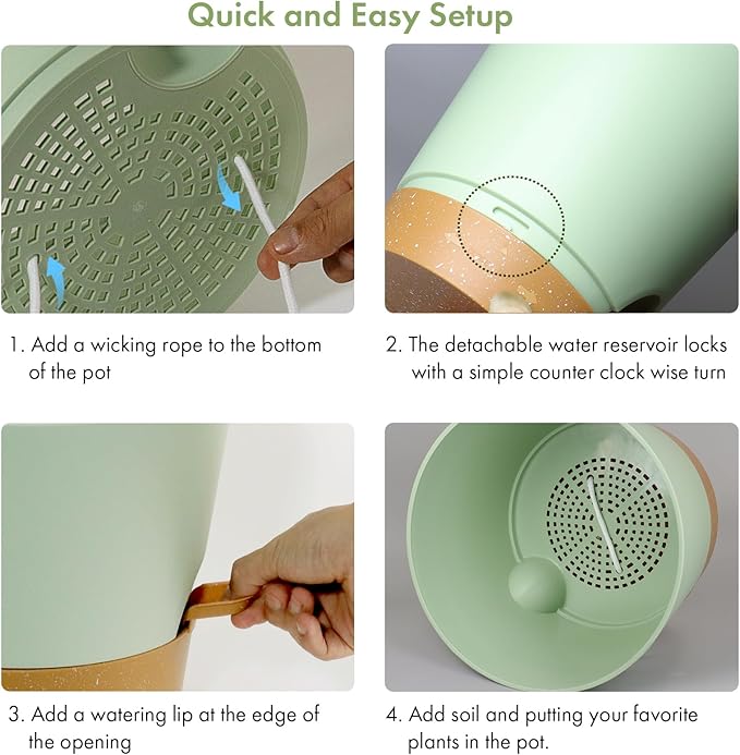 7/6.5/6/5.5/5/4 inch Self Watering Pots for Indoor Outdoor Plants, 6 Pack Plastic Flower Planters with Drainage Holes and Removable Saucers, Plant Pots with Wicking Rope, Green Brown