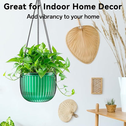 Halatool 2 Pack Self Watering Hanging Planters for Indoor Plants - 6.5 Inch Outdoor Hanging Flower Pots with 2 Metal Chains for Garden Home Wall Decor (Peacock Green)