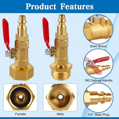 FANOVO RV Winterize Blowout Adapters, 3/4'' GHT Male & Female Brass Winterizing Plugs, Air Compressor Sprinkler Blow-out Fitting Connector with Shut off Valve, for Camper,Boat,Garden Faucet Marine