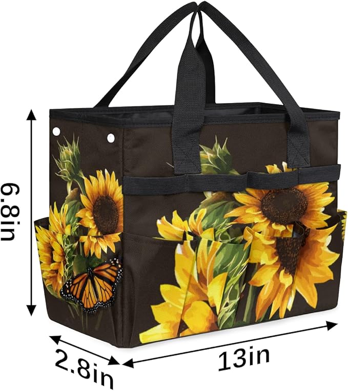 Butterfly Sunflower Funny Garden Tool Bag Waterproof Gardening Tool Storage Bag with Handle & 10 Pockets Gardening Tote Bag for Women Garden Tool Organizer