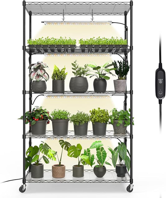Bstrip Plant Shelf with Grow Light with Timer, Metal Plant Stand with Adjustable Rack and Wheels, 4 Pack 24W Full Spectrum Grow Light Strip for Indoor Plants, Seed Starting, 35.4"x13.8"x59"