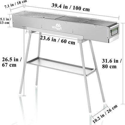 Charcoal Grills Commercial Quality Portable Multiple Size Hibachi BBQ Lamb Skewer Folded Camping Barbecue Grill(39.4x7.1x5.1 inch With Accessories)